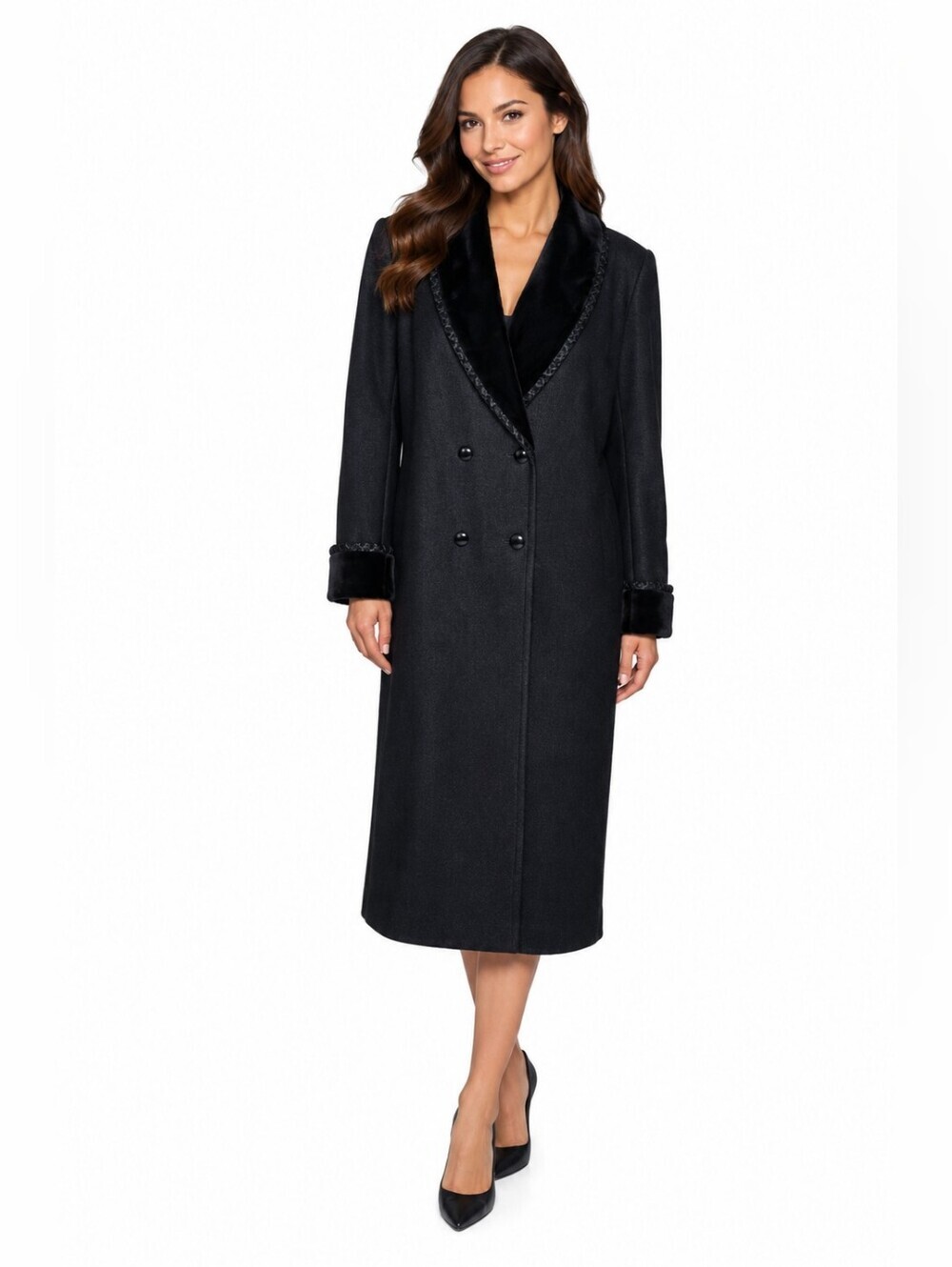 Herman Kay Vintage Black Wool Velvet Collar Long Coat Made USA Size 16W 80s 90s